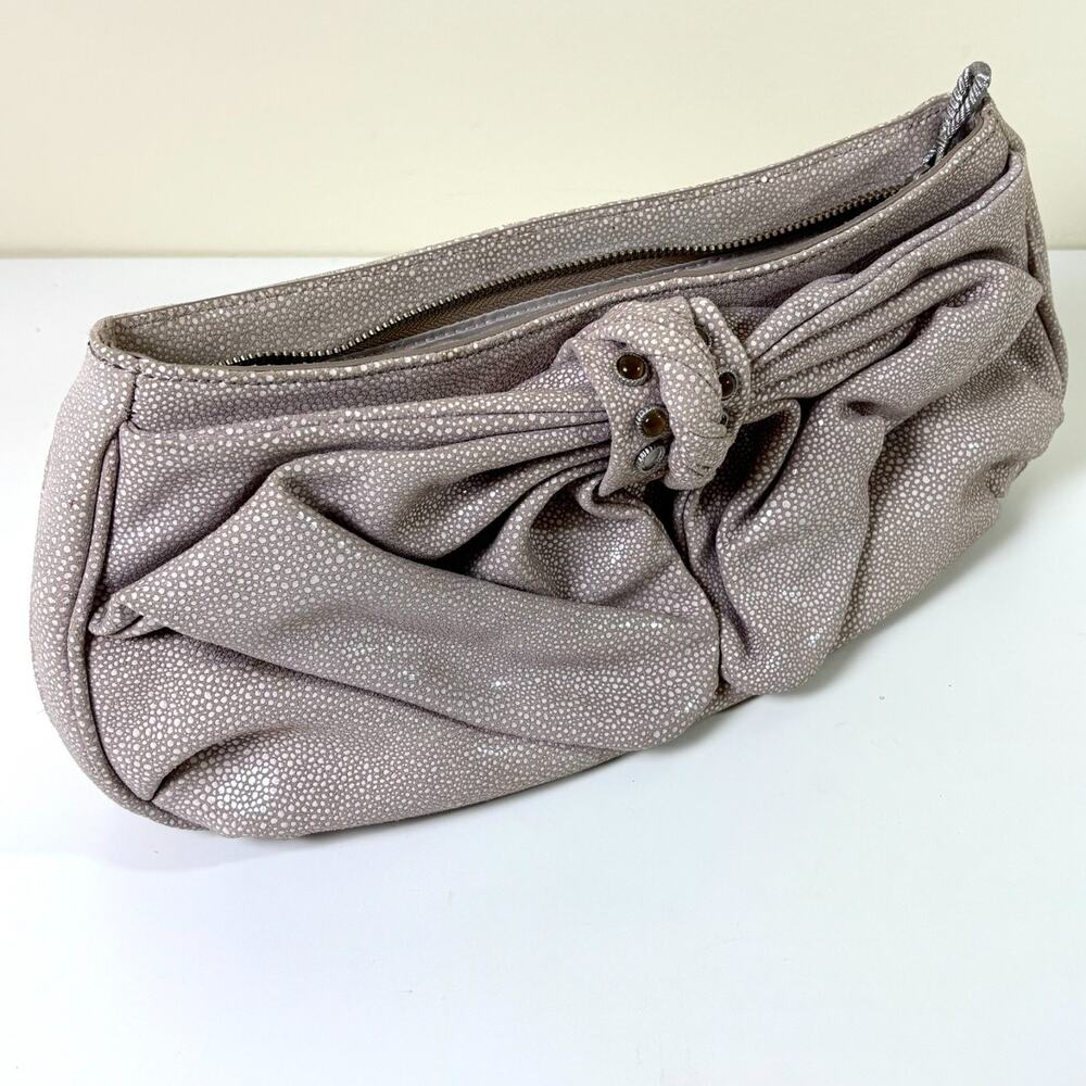 Judith Ripka Large Bow Clutch Taupe Stingray Embossed Leather Purse Statement